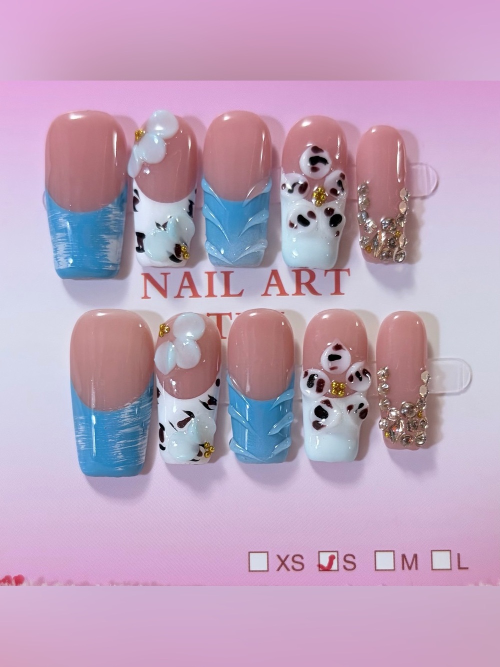 Stylish Pink & Blue Press-On Nail Set with Floral and Gem Accents